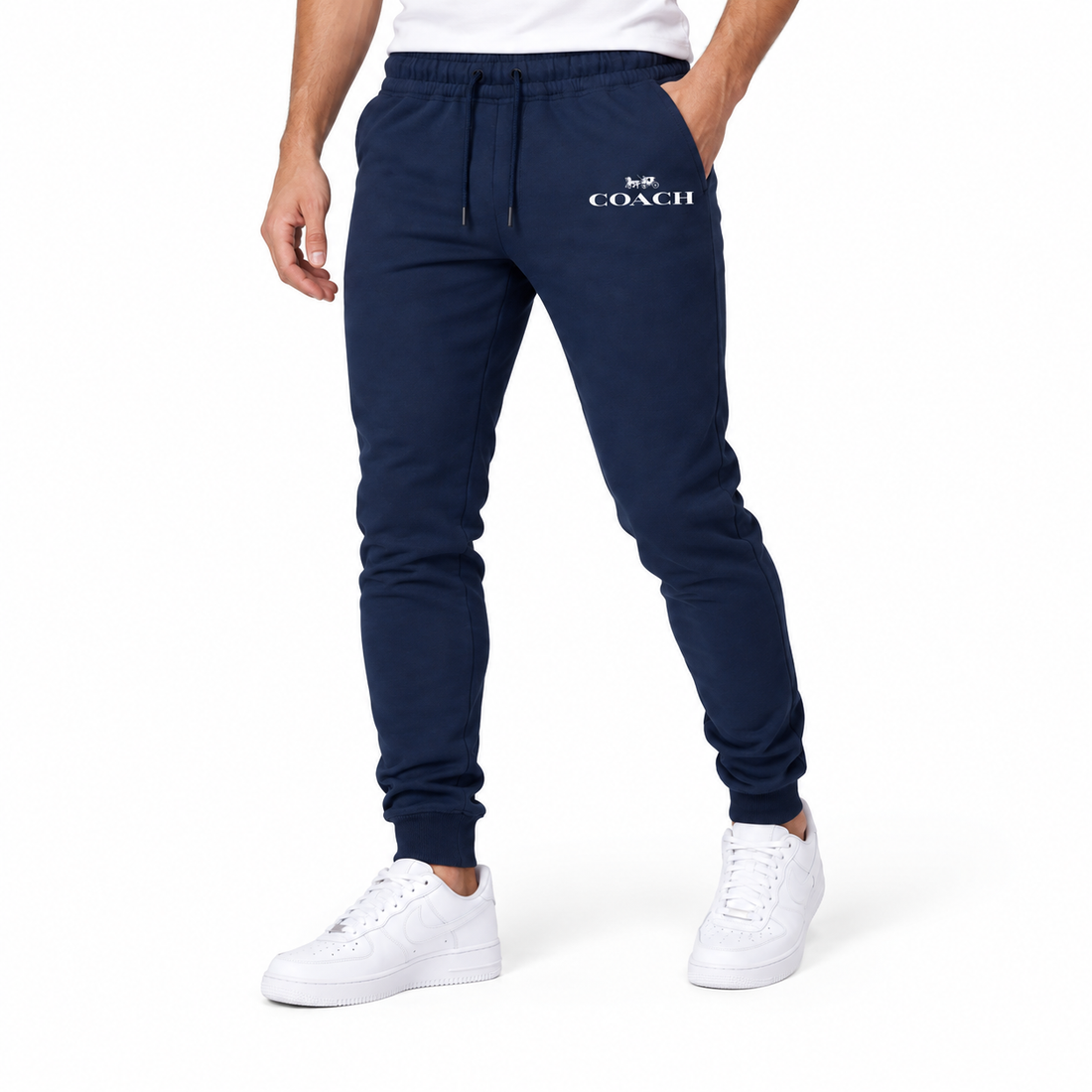Coach sweatpants in Navy, model view