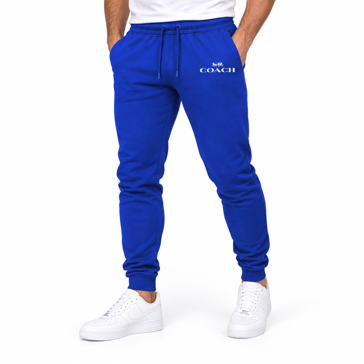 Coach sweatpants in Royal Blue, model view