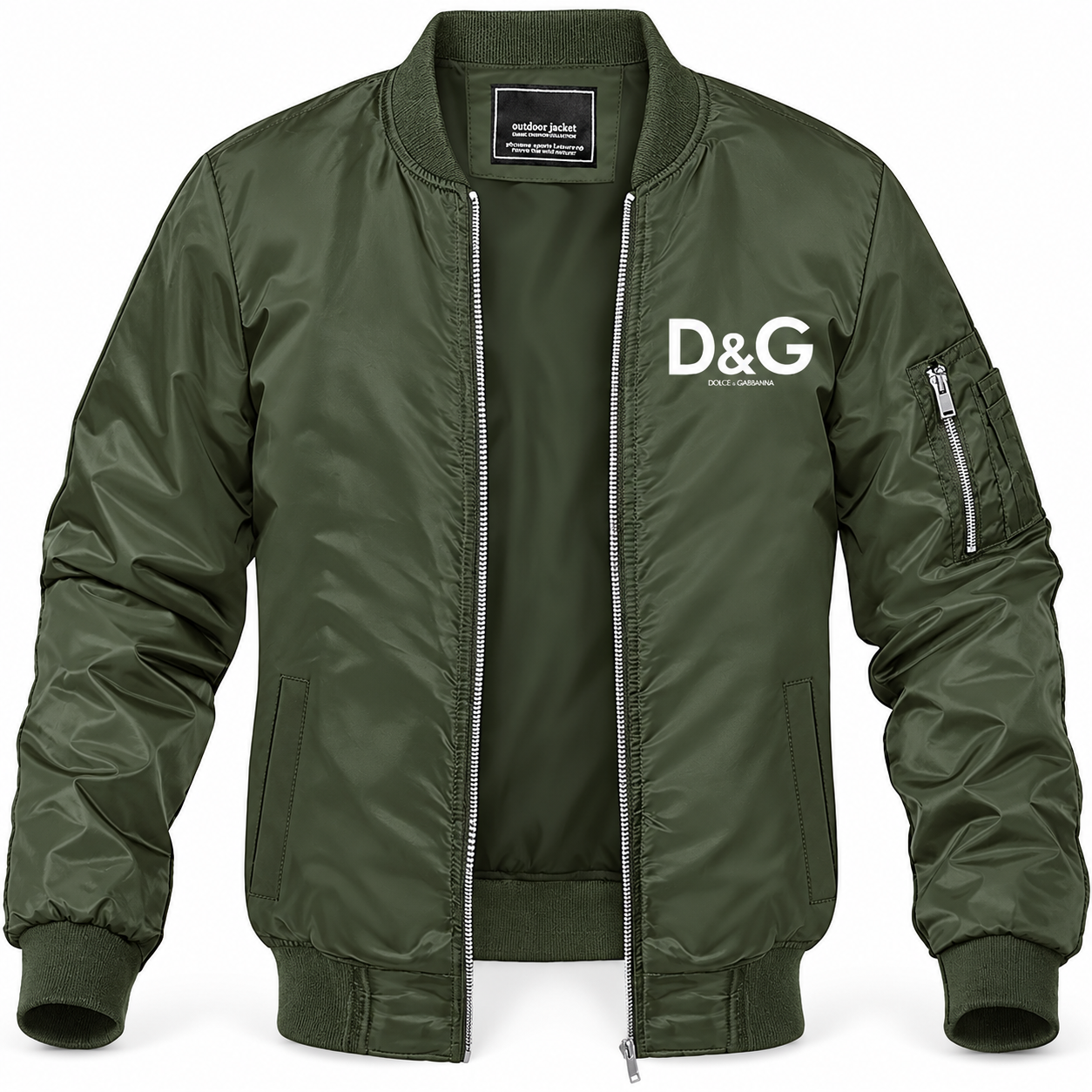 Men's Dolce and Gabbana Lightweight Bomber Jacket Windbreaker Softshell Varsity Jacket Coat | Color: Army Green | Main