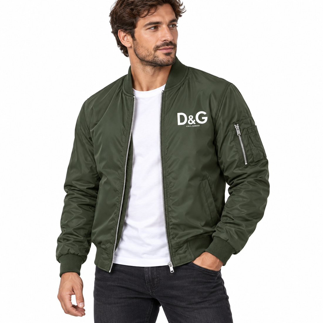 Men's Dolce and Gabbana Lightweight Bomber Jacket Windbreaker Softshell Varsity Jacket Coat | Color: Army Green | Image 1