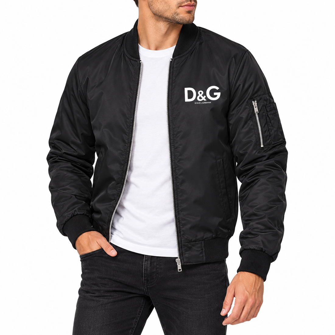 Men's Dolce and Gabbana Lightweight Bomber Jacket Windbreaker Softshell Varsity Jacket Coat | Color: Black | Image 1