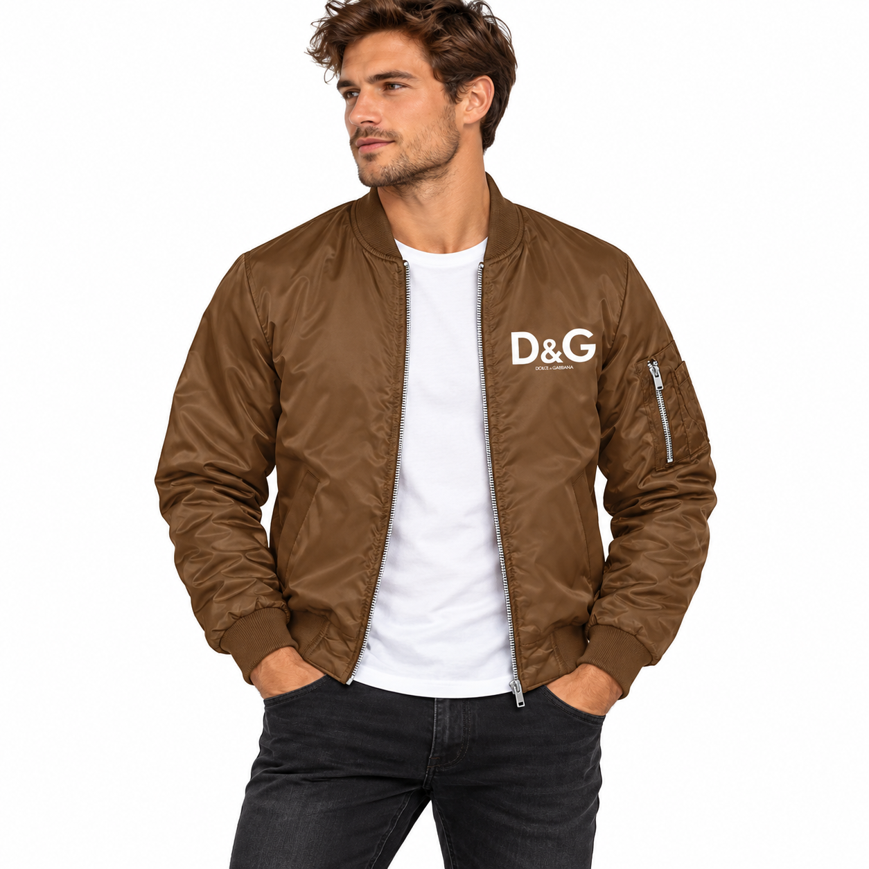 Men's Dolce and Gabbana Lightweight Bomber Jacket Windbreaker Softshell Varsity Jacket Coat | Color: Brown | Image 1