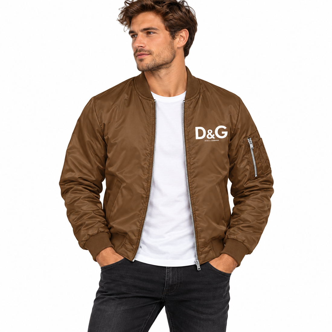 Men's Dolce and Gabbana Lightweight Bomber Jacket Windbreaker Softshell Varsity Jacket Coat | Color: Brown | Image 1