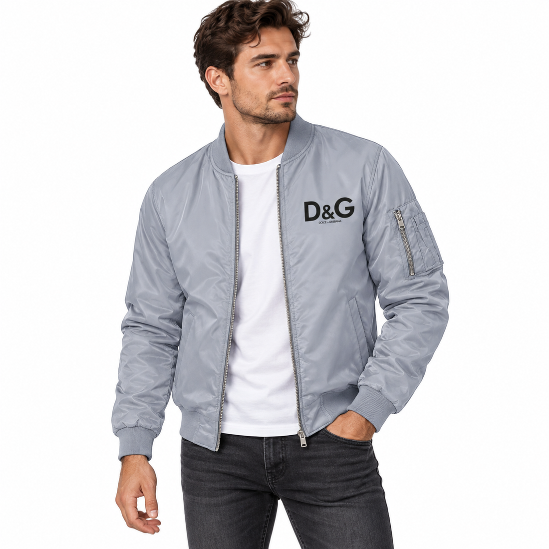 Men's Dolce and Gabbana Lightweight Bomber Jacket Windbreaker Softshell Varsity Jacket Coat | Color: Grey | Image 1