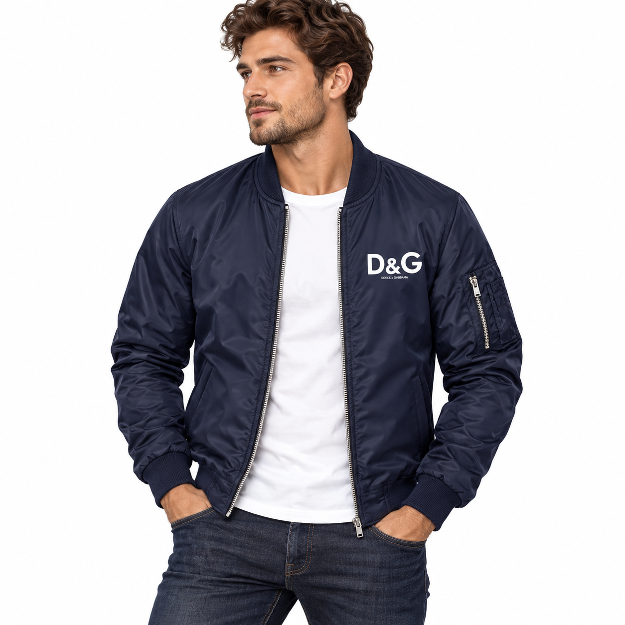 Men's Dolce and Gabbana Lightweight Bomber Jacket Windbreaker Softshell Varsity Jacket Coat | Color: Navy | Image 1