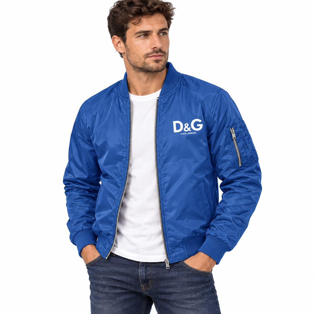 Men's Dolce and Gabbana Lightweight Bomber Jacket Windbreaker Softshell Varsity Jacket Coat | Color: Royal Blue | Image 1