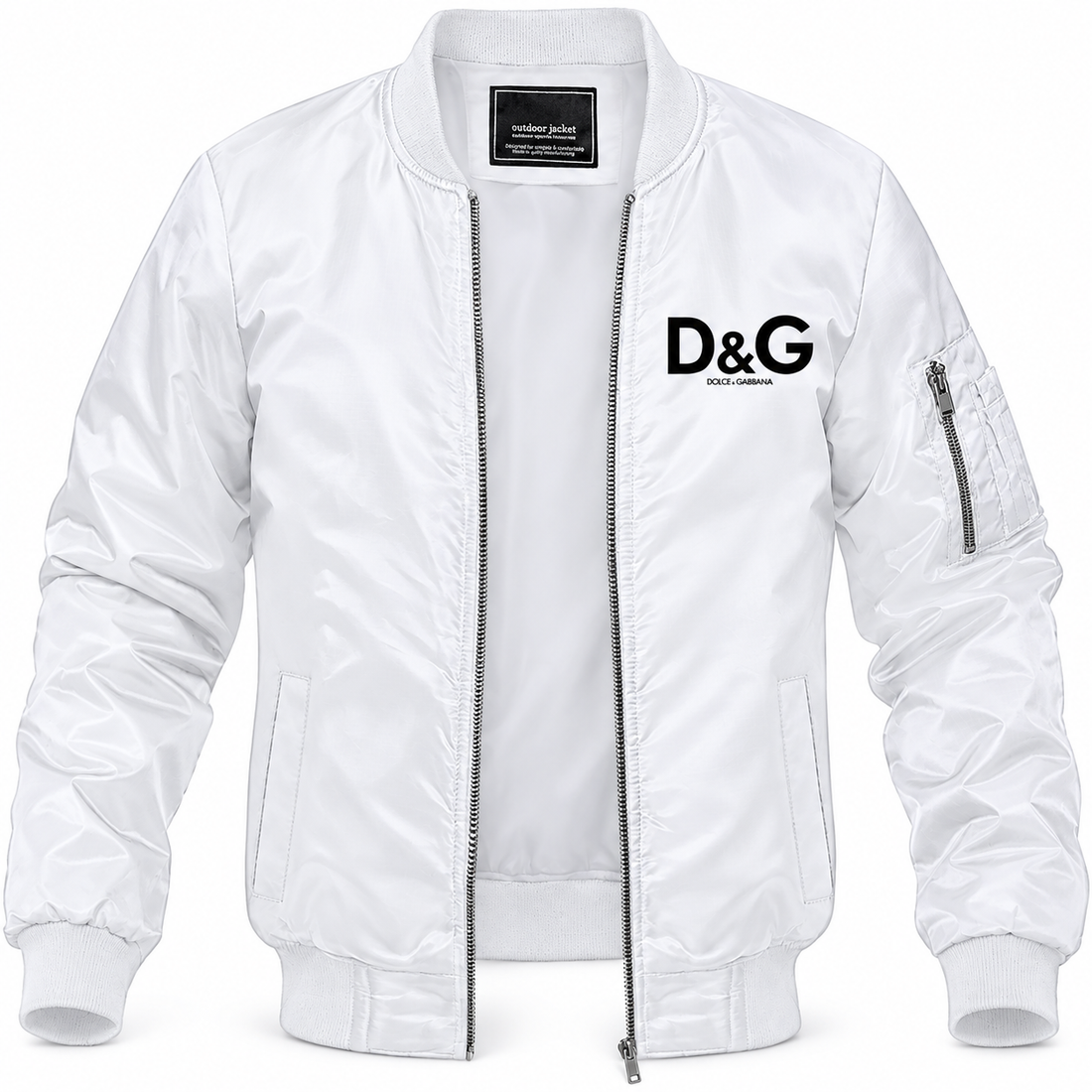 Men's Dolce and Gabbana Lightweight Bomber Jacket Windbreaker Softshell Varsity Jacket Coat | Color: White | Main