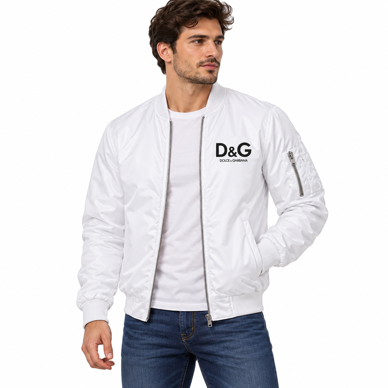 Men's Dolce and Gabbana Lightweight Bomber Jacket Windbreaker Softshell Varsity Jacket Coat | Color: White | Image 1