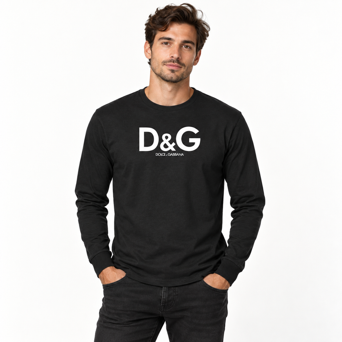 Men's Dolce and Gabbana Cotton Long Sleeve T-Shirt in Black — lifestyle view