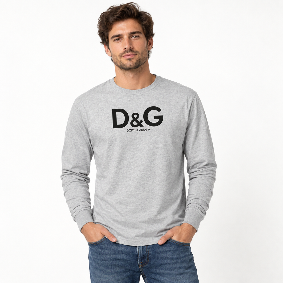 Men's Dolce and Gabbana Cotton Long Sleeve T-Shirt in Grey — lifestyle view