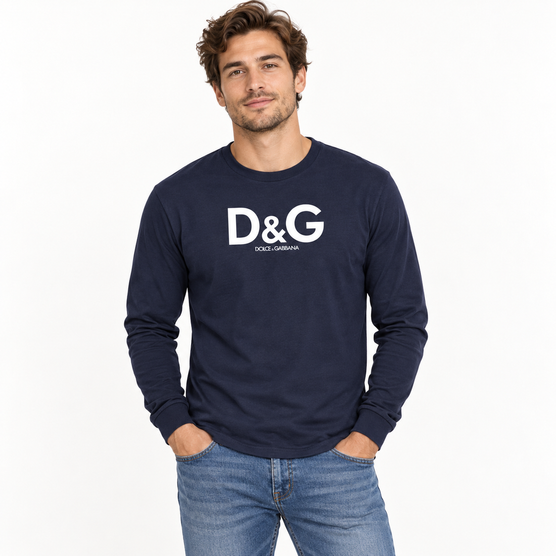 Men's Dolce and Gabbana Cotton Long Sleeve T-Shirt in Navy — lifestyle view