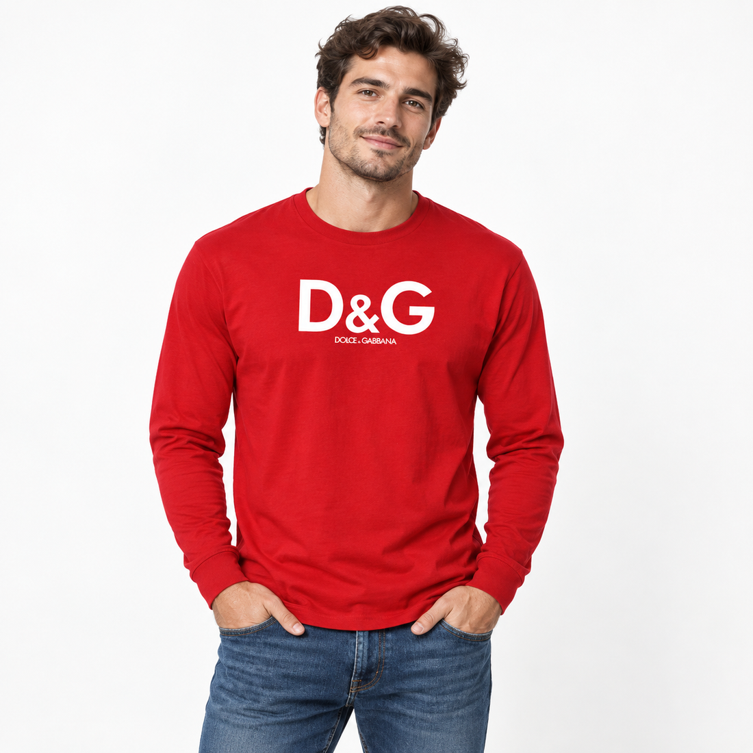 Men's Dolce and Gabbana Cotton Long Sleeve T-Shirt in Red — lifestyle view
