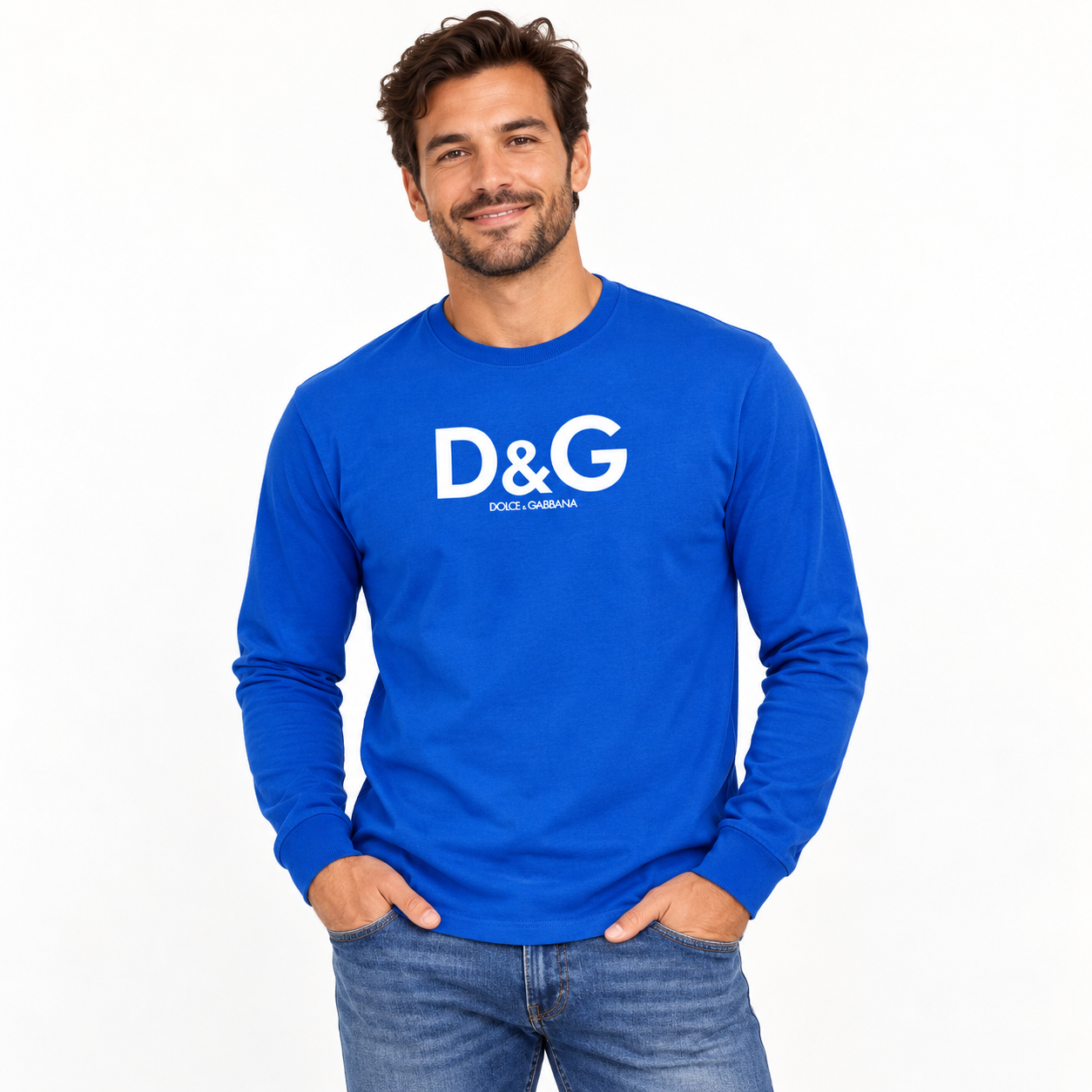 Men's Dolce and Gabbana Cotton Long Sleeve T-Shirt in Royal Blue — lifestyle view
