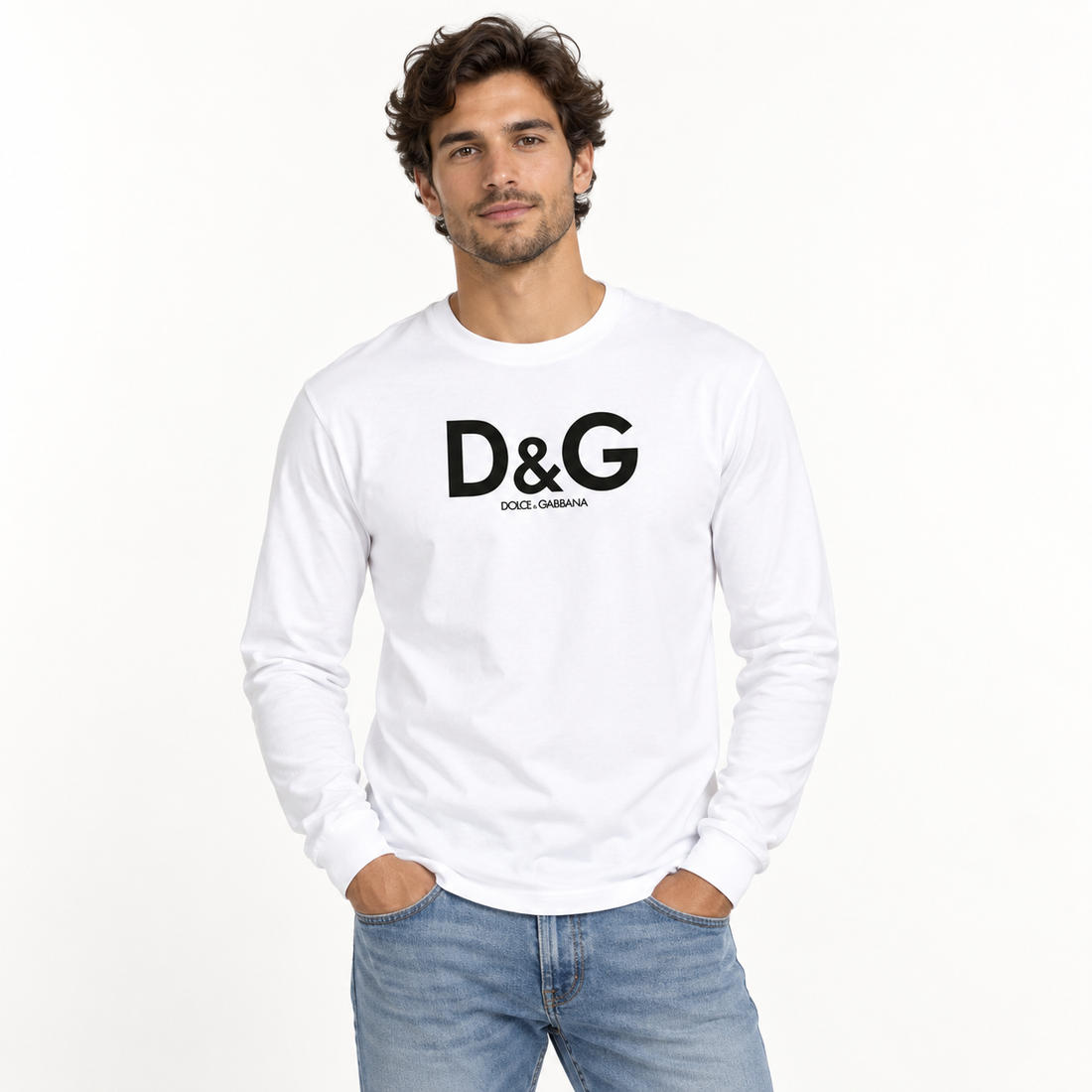Men's Dolce and Gabbana Cotton Long Sleeve T-Shirt in White — lifestyle view