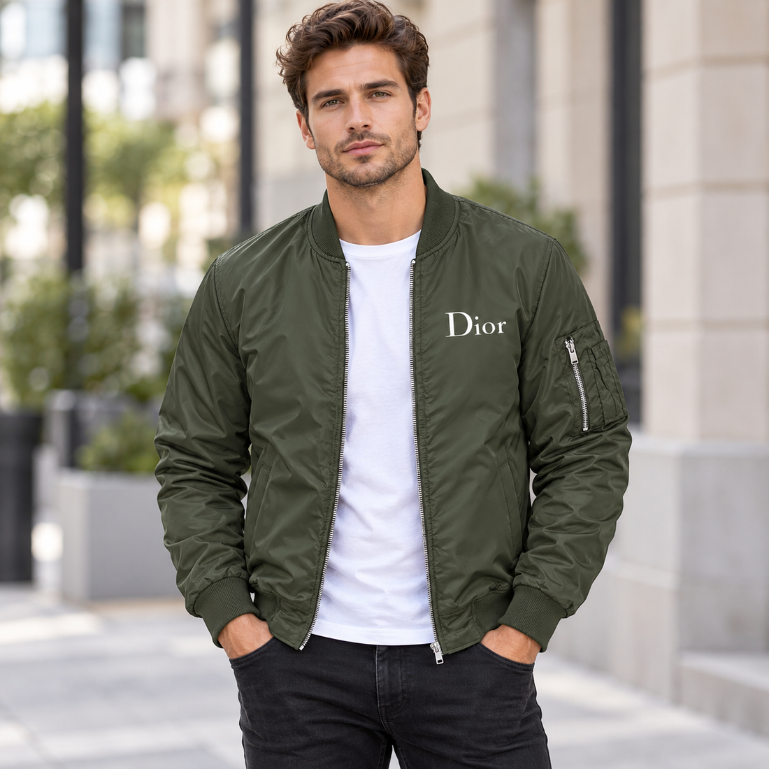 Men's Dior Lightweight Bomber Jacket Windbreaker Softshell Varsity Jacket Coat | Color: Army Green | Image 1