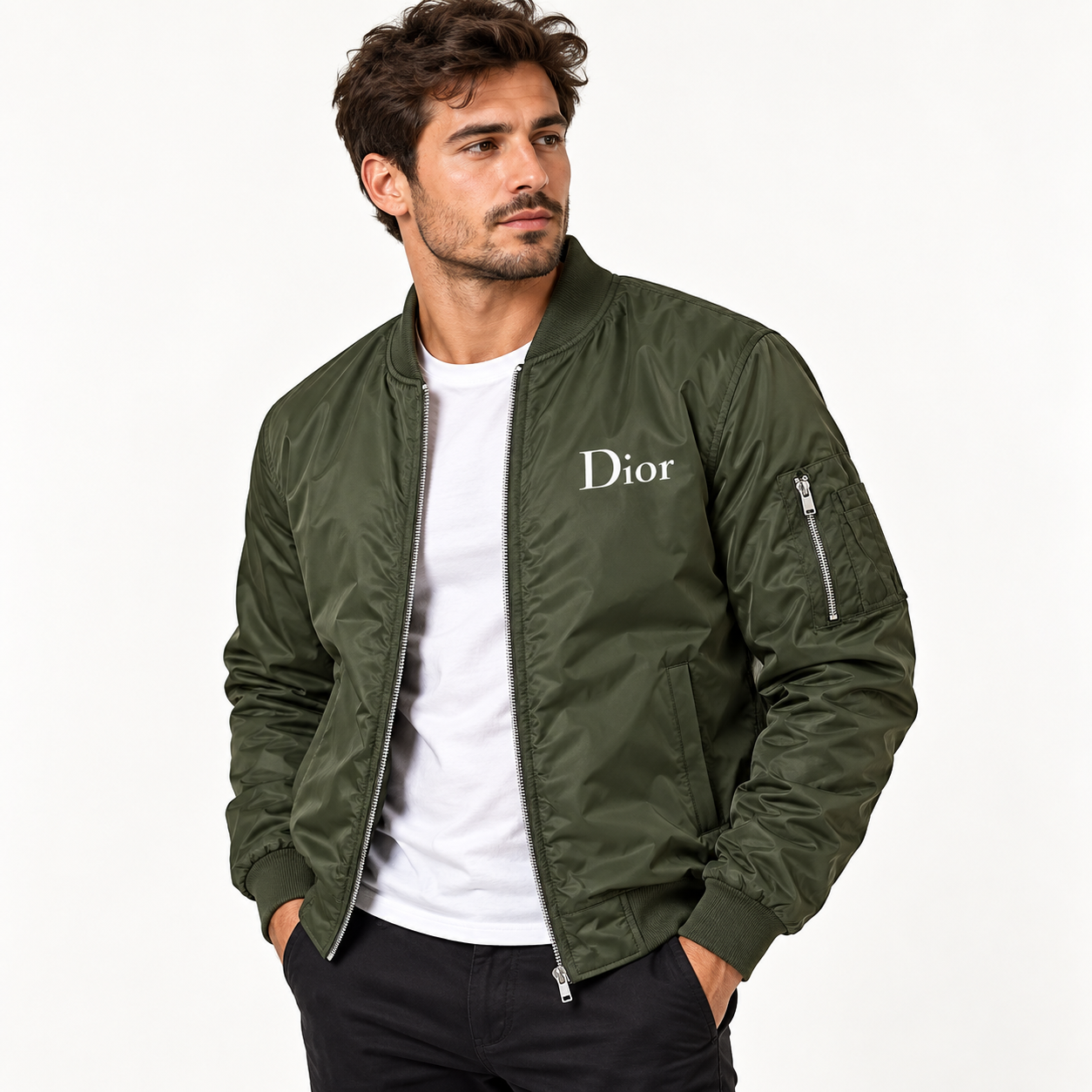 Men's Dior Lightweight Bomber Jacket Windbreaker Softshell Varsity Jacket Coat | Color: Army Green | Image 2