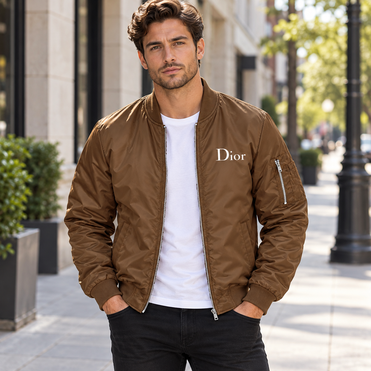 Men's Dior Lightweight Bomber Jacket Windbreaker Softshell Varsity Jacket Coat | Color: Brown | Image 1