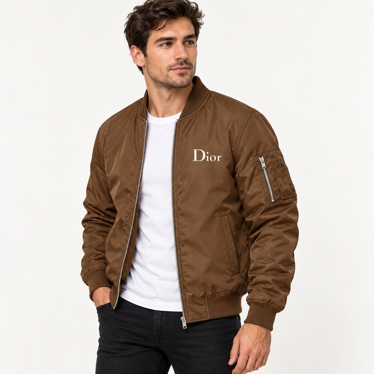 Men's Dior Lightweight Bomber Jacket Windbreaker Softshell Varsity Jacket Coat | Color: Brown | Image 2