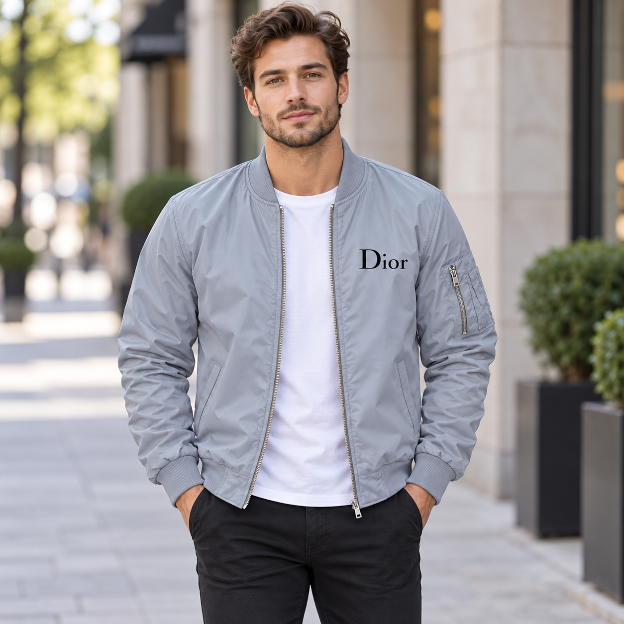 Men's Dior Lightweight Bomber Jacket Windbreaker Softshell Varsity Jacket Coat | Color: Grey | Image 1