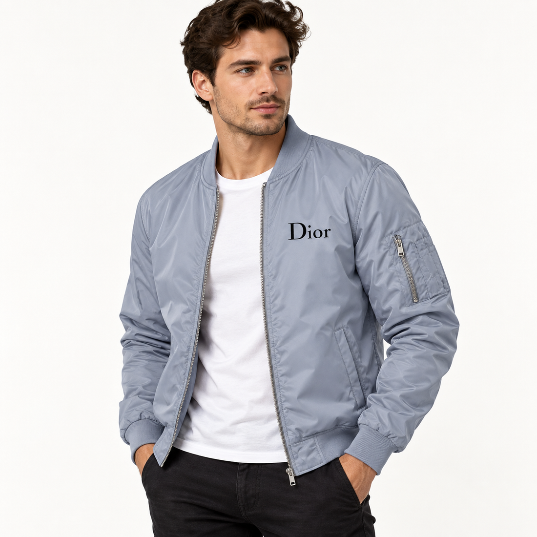 Men's Dior Lightweight Bomber Jacket Windbreaker Softshell Varsity Jacket Coat | Color: Grey | Image 2