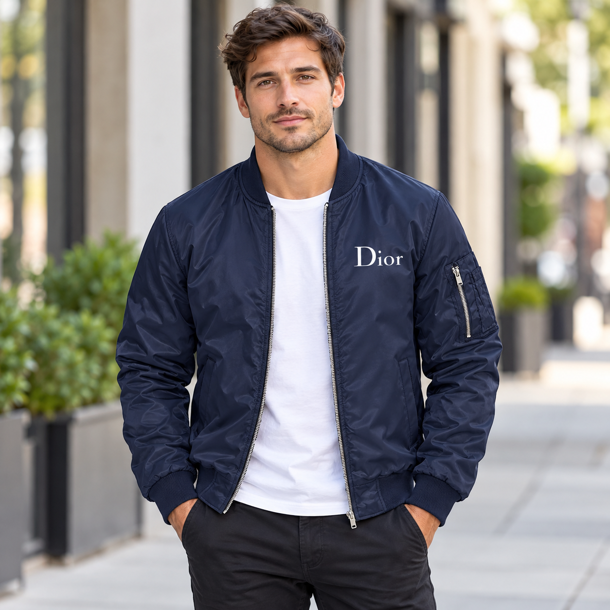 Men's Dior Lightweight Bomber Jacket Windbreaker Softshell Varsity Jacket Coat | Color: Navy | Image 1