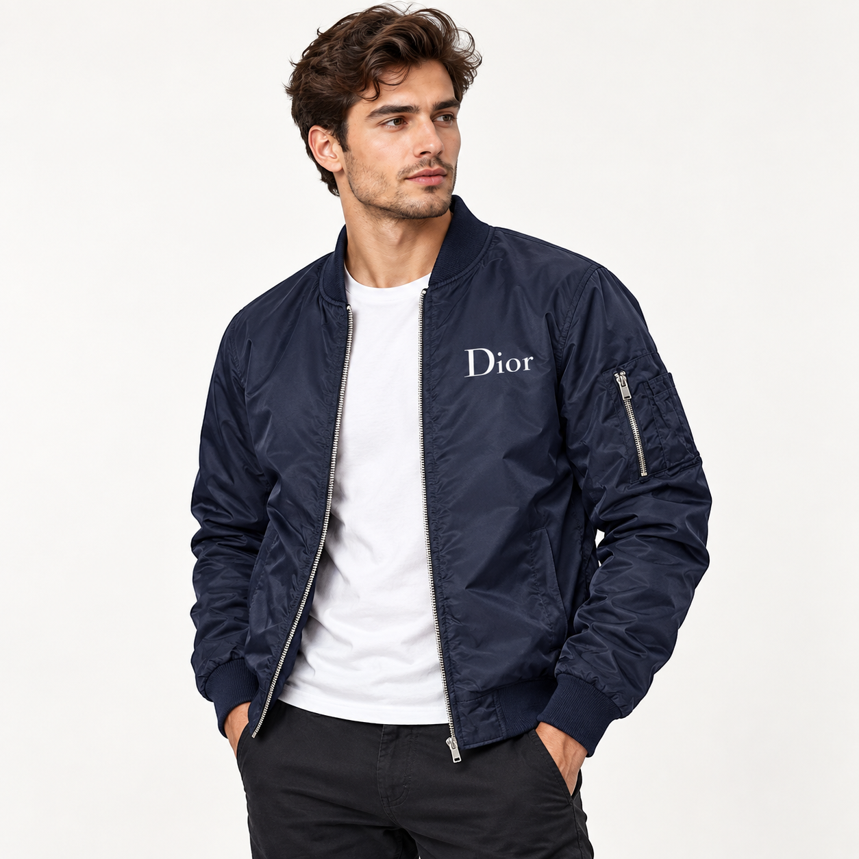 Men's Dior Lightweight Bomber Jacket Windbreaker Softshell Varsity Jacket Coat | Color: Navy | Image 2