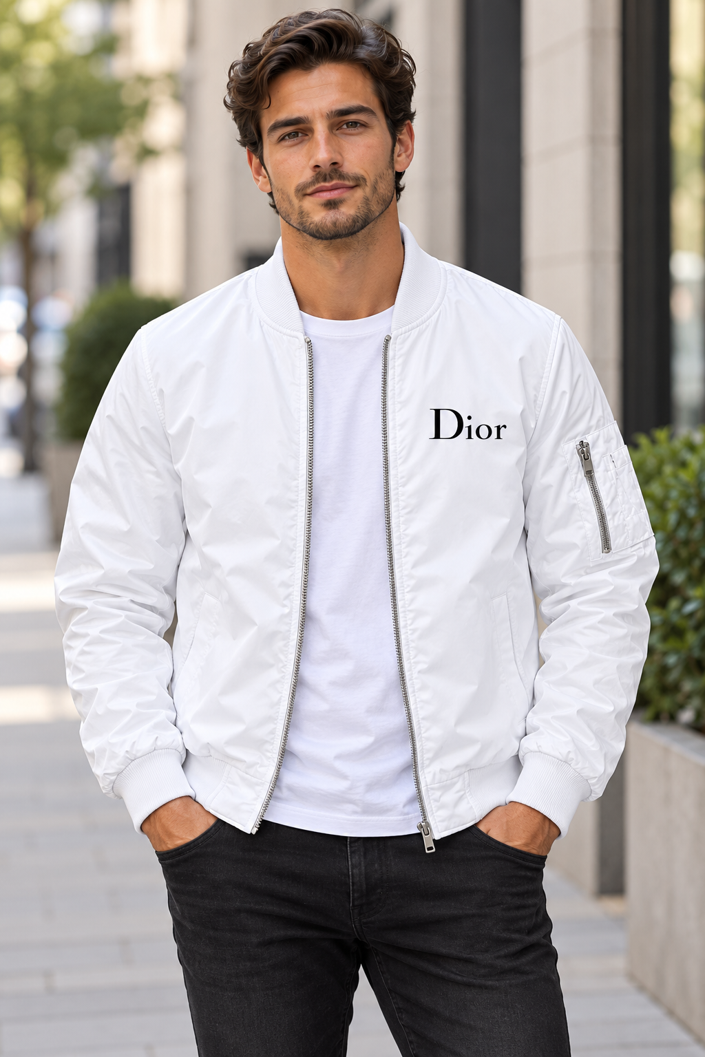 Men's Dior Lightweight Bomber Jacket Windbreaker Softshell Varsity Jacket Coat | Color: White | Image 1