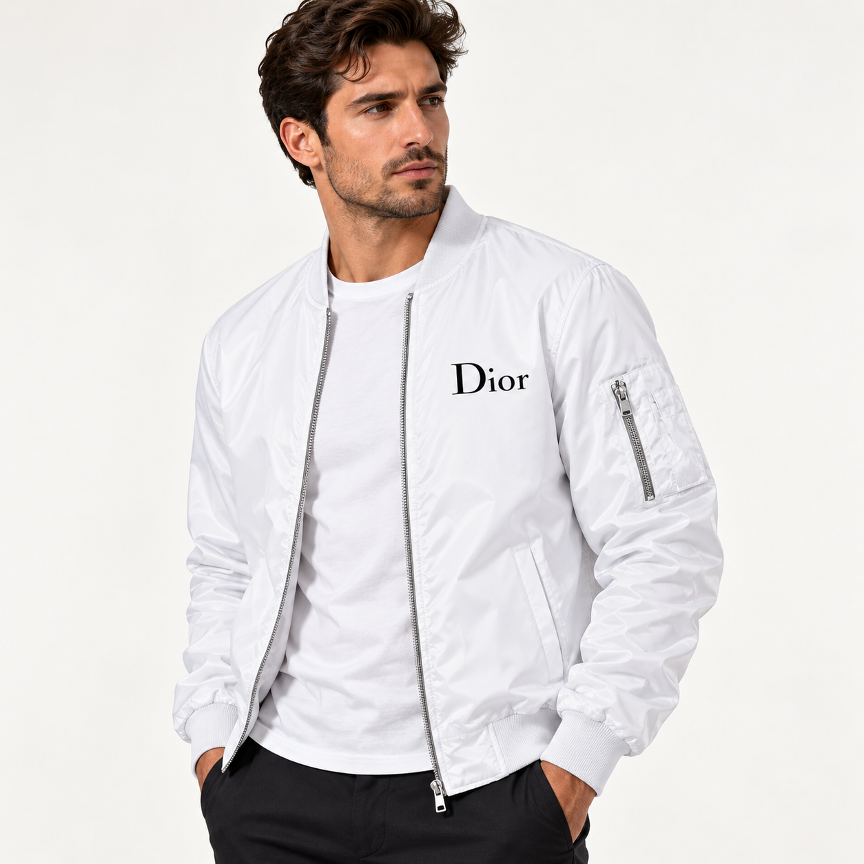 Men's Dior Lightweight Bomber Jacket Windbreaker Softshell Varsity Jacket Coat | Color: White | Image 2
