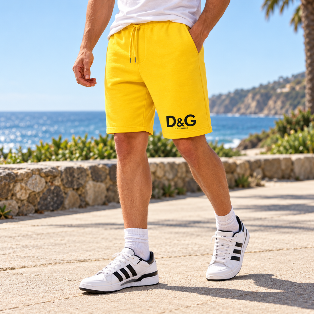 Men's Dolce and Gabbana Athletic Fleece Shorts - Yellow - Image 2