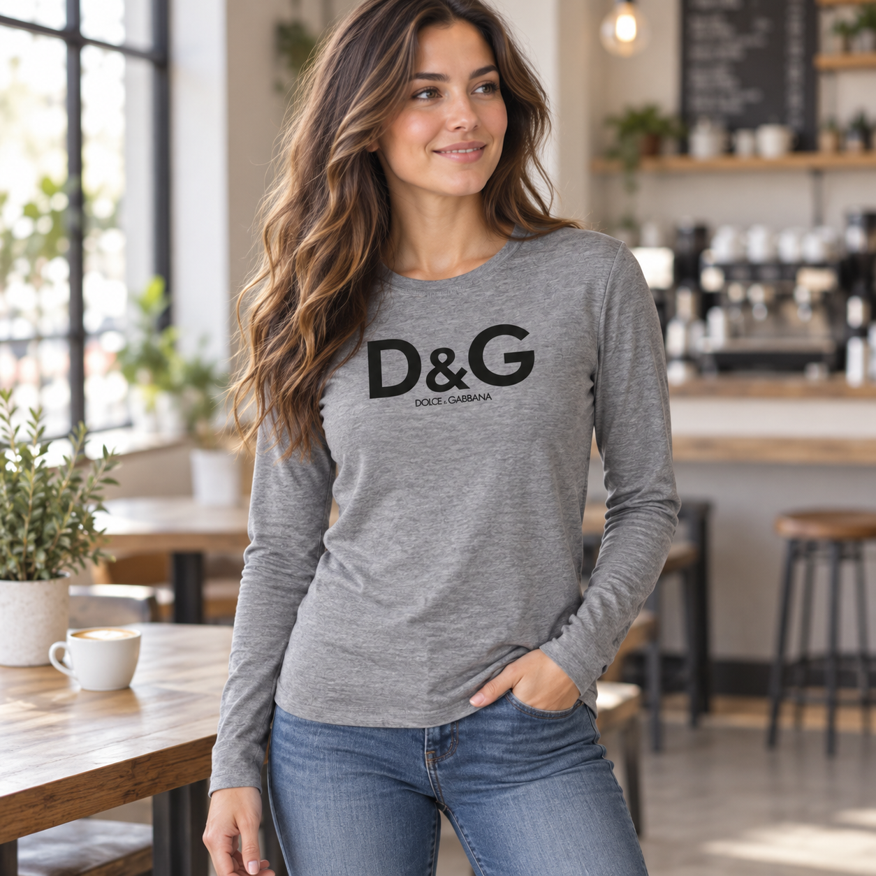 Grey Women's Dolce and Gabbana long sleeve T-shirt
