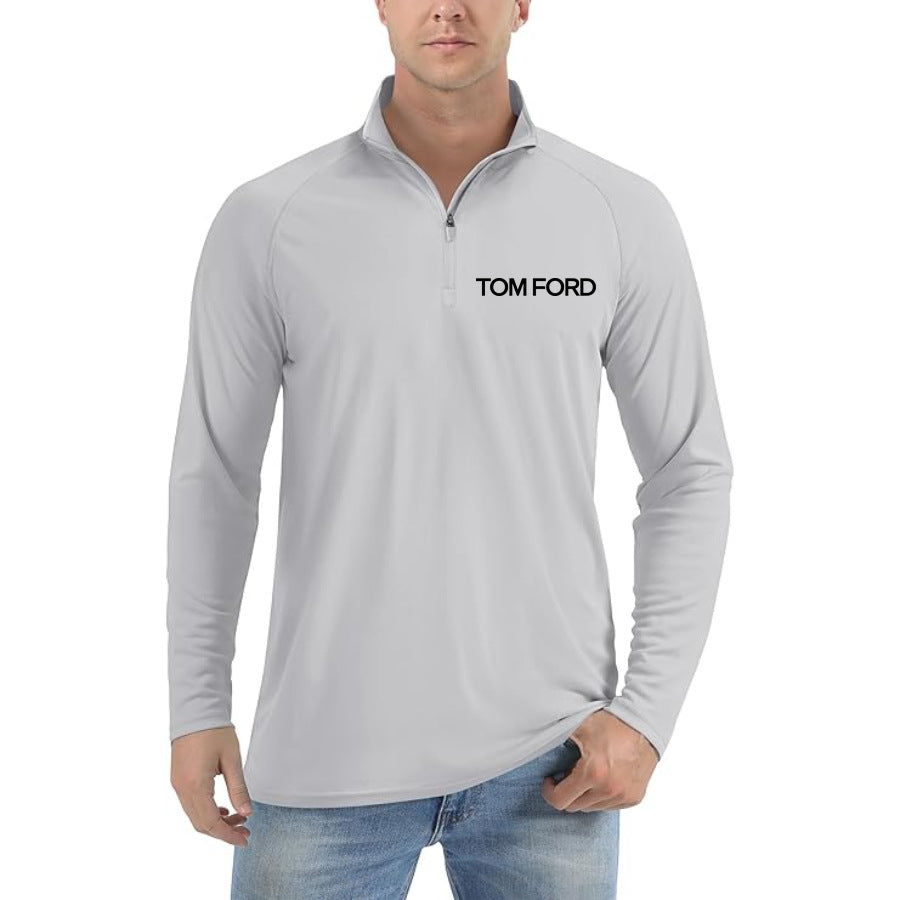Men’s Tom Ford Lightweight Quarter-Zip Athletic Shirt – Long Sleeve Polyester Wear | Color: Light Gray | Original Main