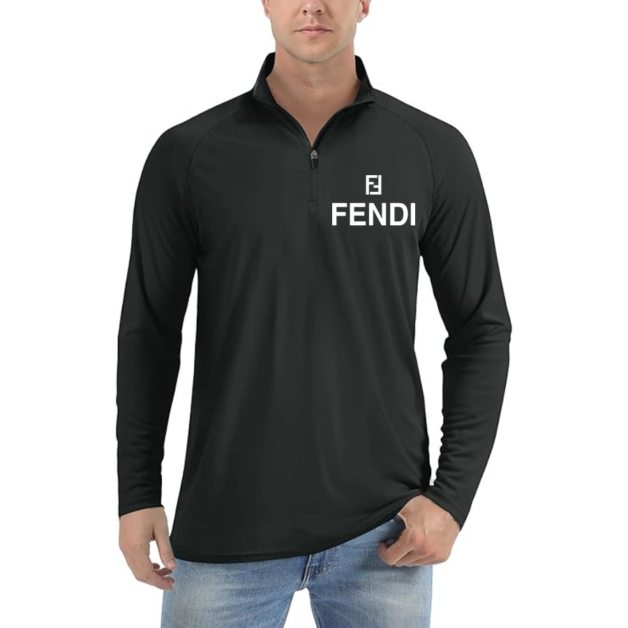 Men’s Fendi Lightweight Quarter-Zip Athletic Shirt – Long Sleeve Polyester Wear - Black
