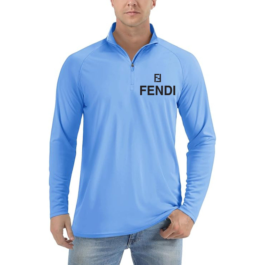 Men’s Fendi Lightweight Quarter-Zip Athletic Shirt – Long Sleeve Polyester Wear - Light Blue