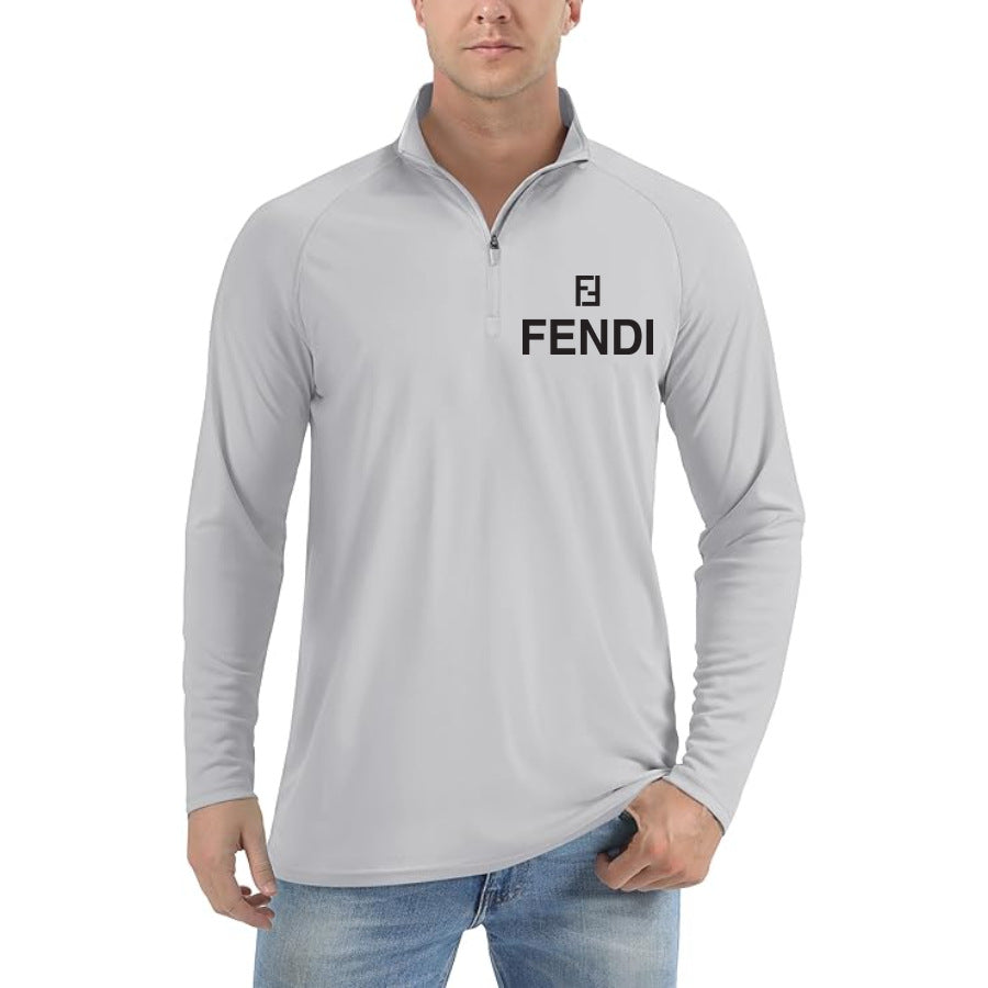 Men’s Fendi Lightweight Quarter-Zip Athletic Shirt – Long Sleeve Polyester Wear - Light Gray