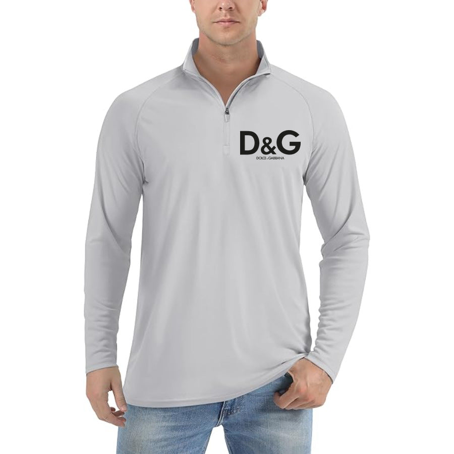 Men’s Dolce and Gabbana Lightweight Quarter-Zip Athletic Shirt – Long Sleeve Polyester Wear - Light Gray