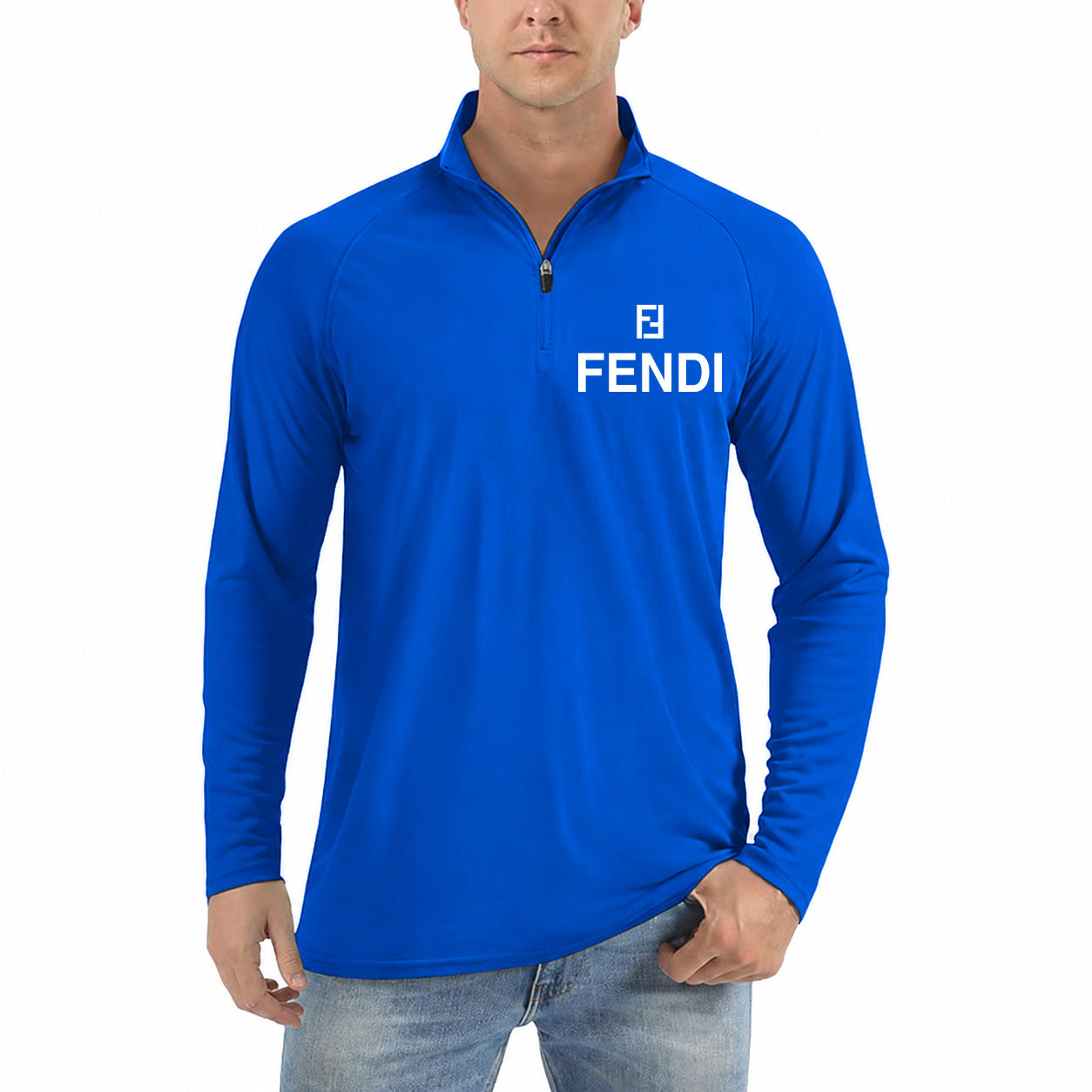 Men’s Fendi Lightweight Quarter-Zip Athletic Shirt – Long Sleeve Polyester Wear - Royal Blue