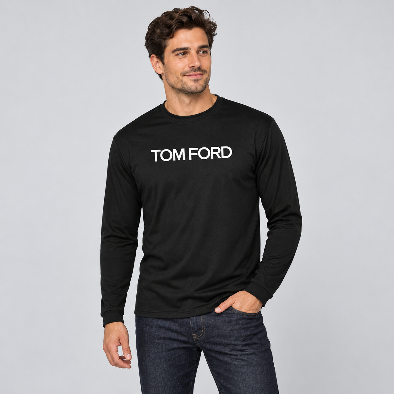 Men's Tom Ford Polyester Long Sleeve T-Shirt | Color: Black | View 3