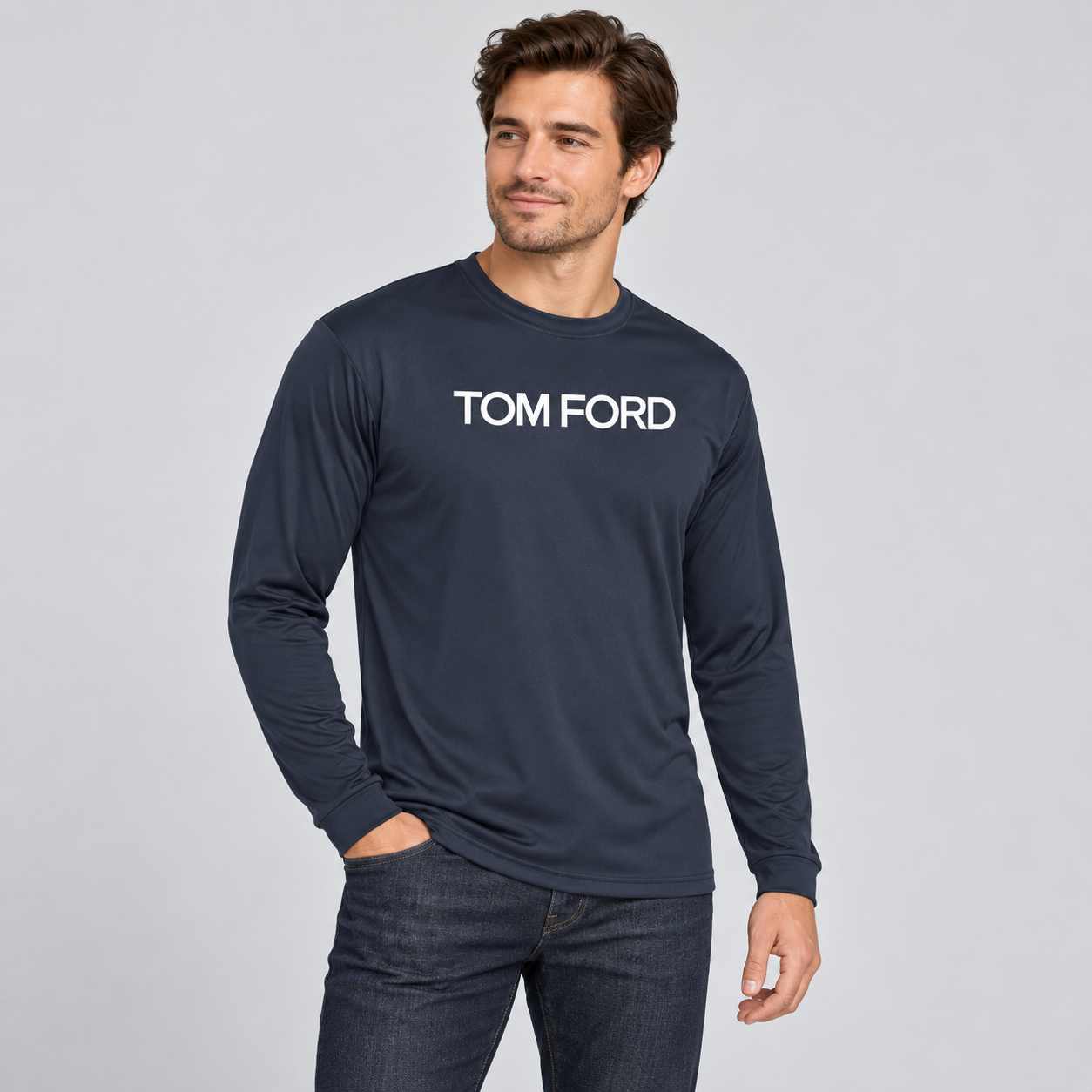 Men's Tom Ford Polyester Long Sleeve T-Shirt | Color: Navy | View 3