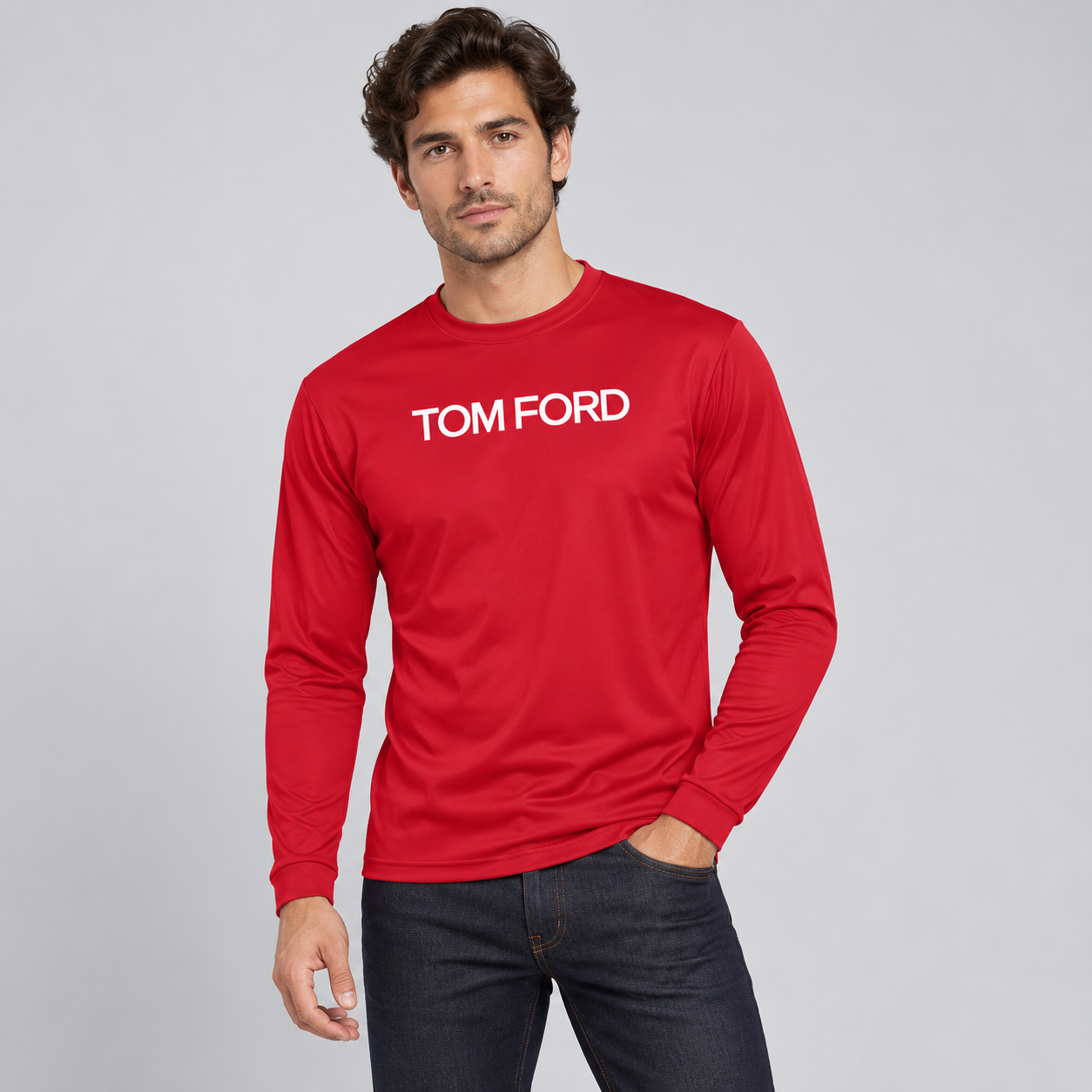 Men's Tom Ford Polyester Long Sleeve T-Shirt | Color: Red | View 3