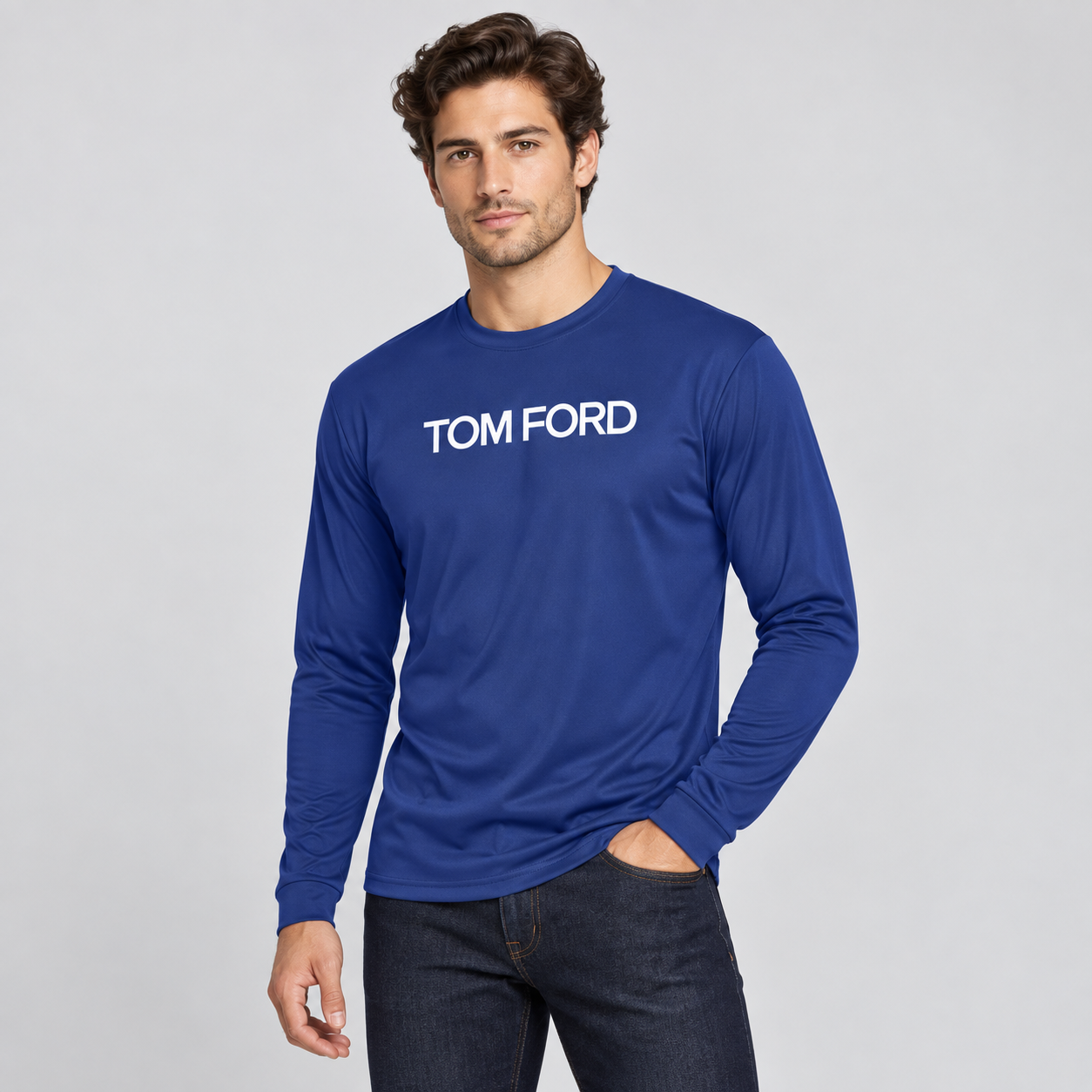 Men's Tom Ford Polyester Long Sleeve T-Shirt | Color: Royal Blue | View 3