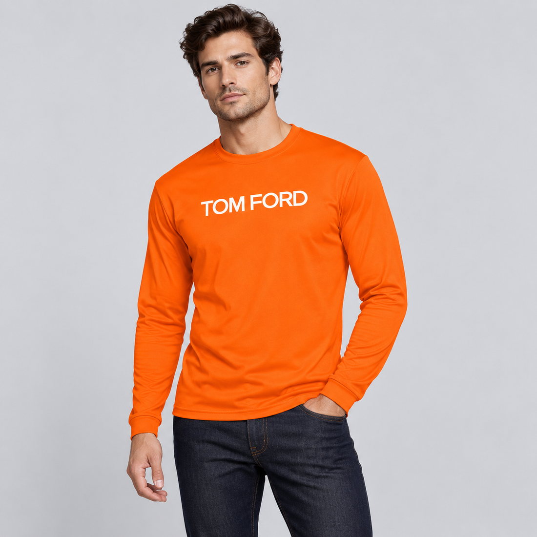 Men's Tom Ford Polyester Long Sleeve T-Shirt | Color: Safety Orange | View 3