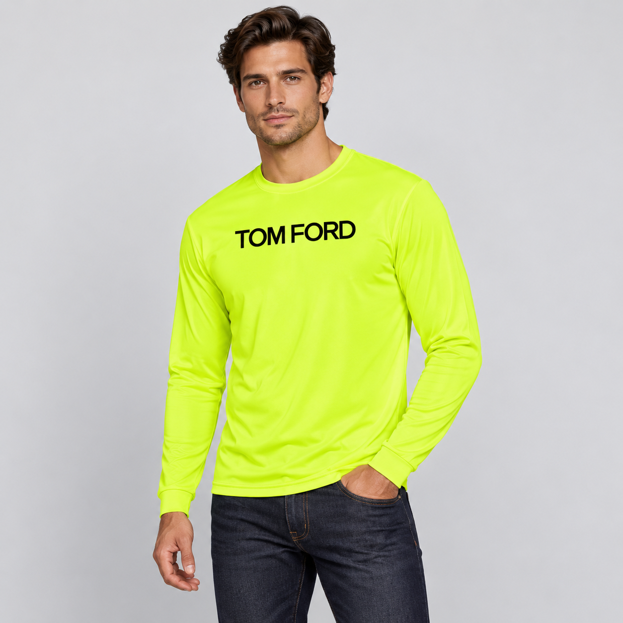 Men's Tom Ford Polyester Long Sleeve T-Shirt | Color: Safety Yellow | View 3