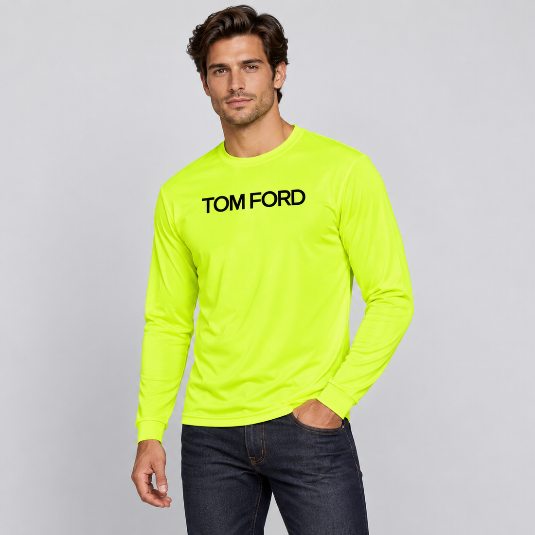 Men's Tom Ford Polyester Long Sleeve T-Shirt | Color: Safety Yellow | View 3