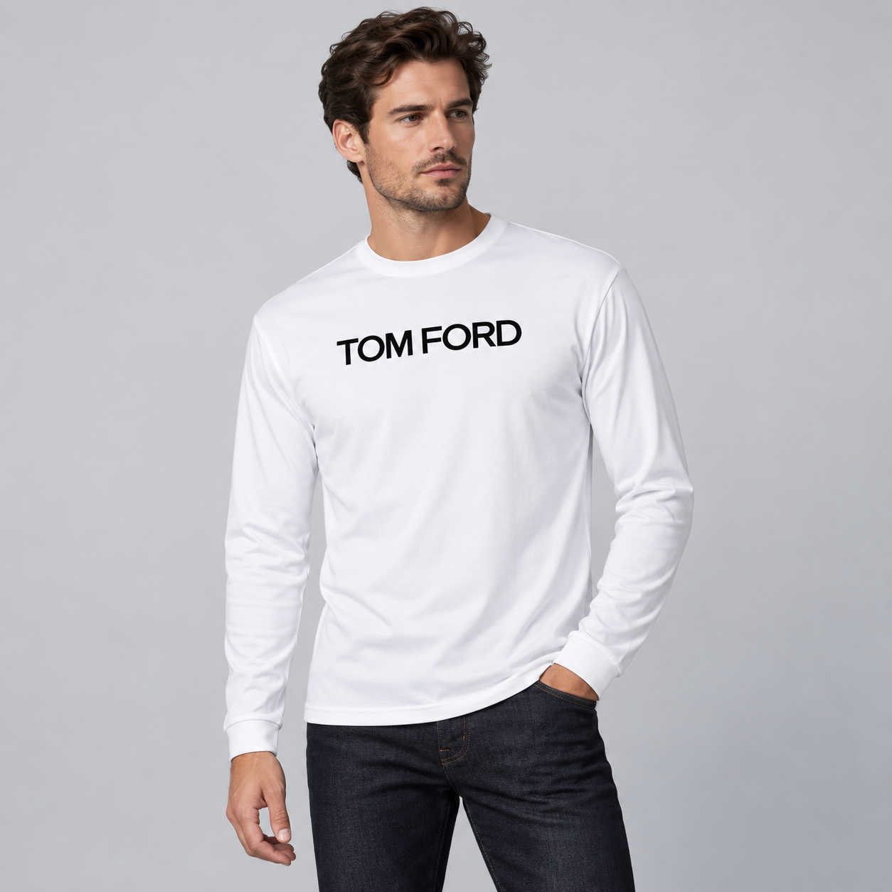 Men's Tom Ford Polyester Long Sleeve T-Shirt | Color: White | View 3