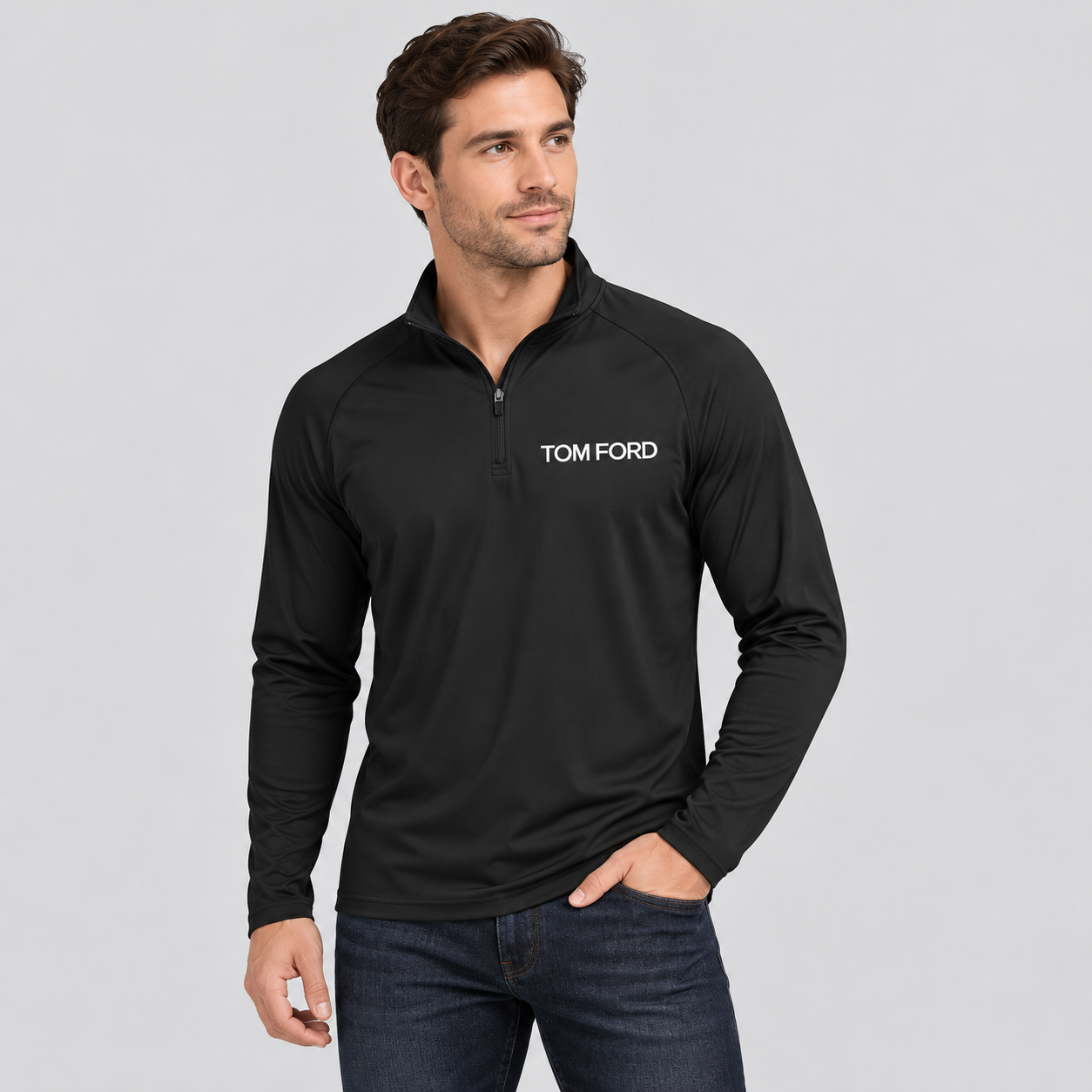 Men’s Tom Ford Lightweight Quarter-Zip Athletic Shirt – Long Sleeve Polyester Wear | Color: Black | View 3