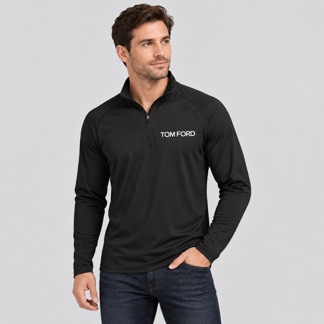 Men’s Tom Ford Lightweight Quarter-Zip Athletic Shirt – Long Sleeve Polyester Wear | Color: Black | View 3