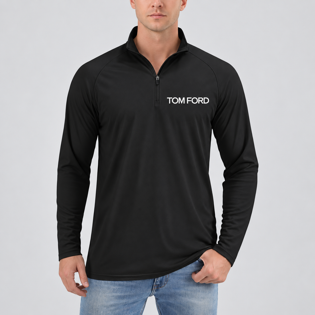 Men’s Tom Ford Lightweight Quarter-Zip Athletic Shirt – Long Sleeve Polyester Wear | Color: Black | View 4