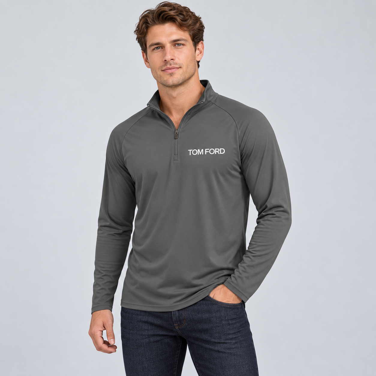 Men’s Tom Ford Lightweight Quarter-Zip Athletic Shirt – Long Sleeve Polyester Wear | Color: Dark Gray | View 3