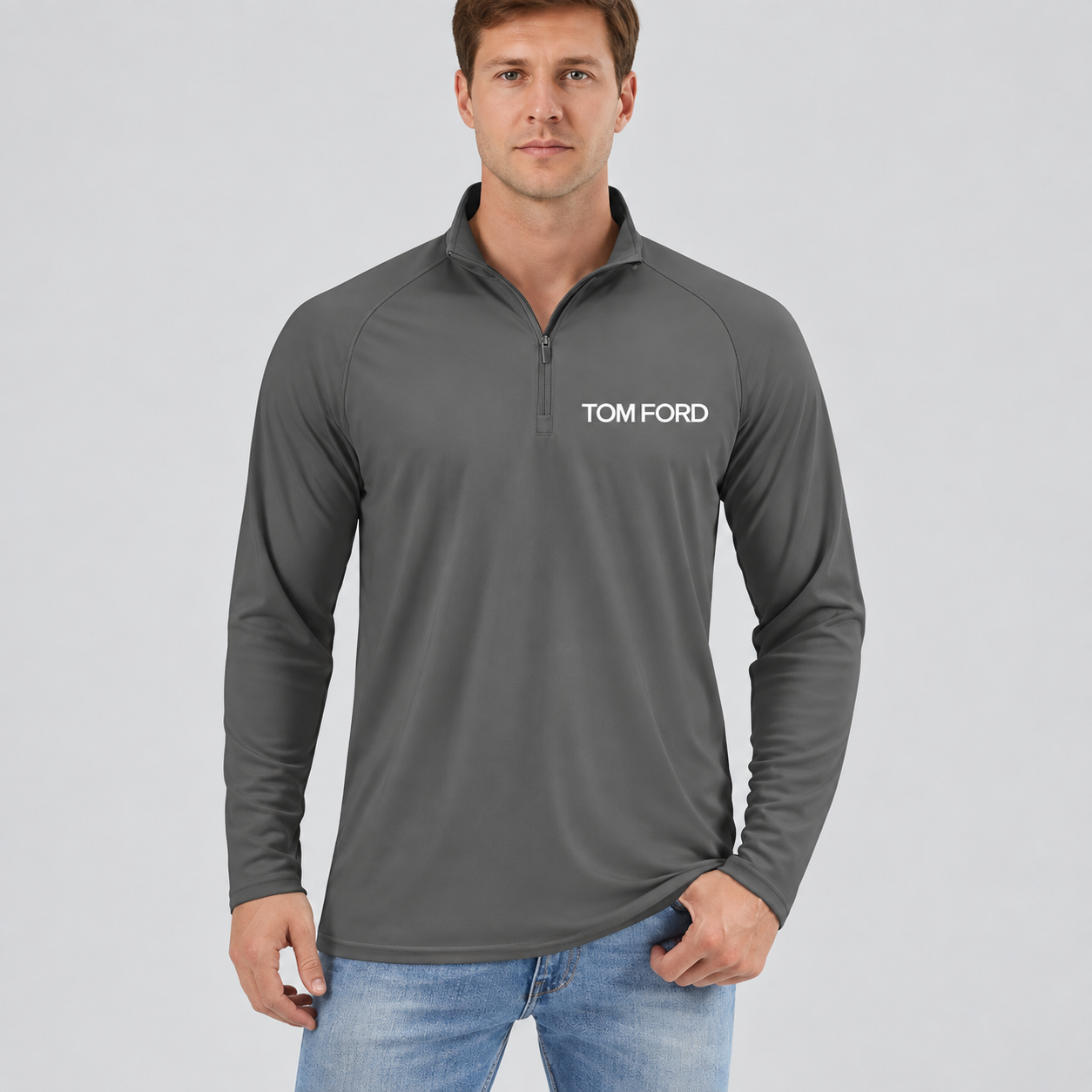 Men’s Tom Ford Lightweight Quarter-Zip Athletic Shirt – Long Sleeve Polyester Wear | Color: Dark Gray | View 4
