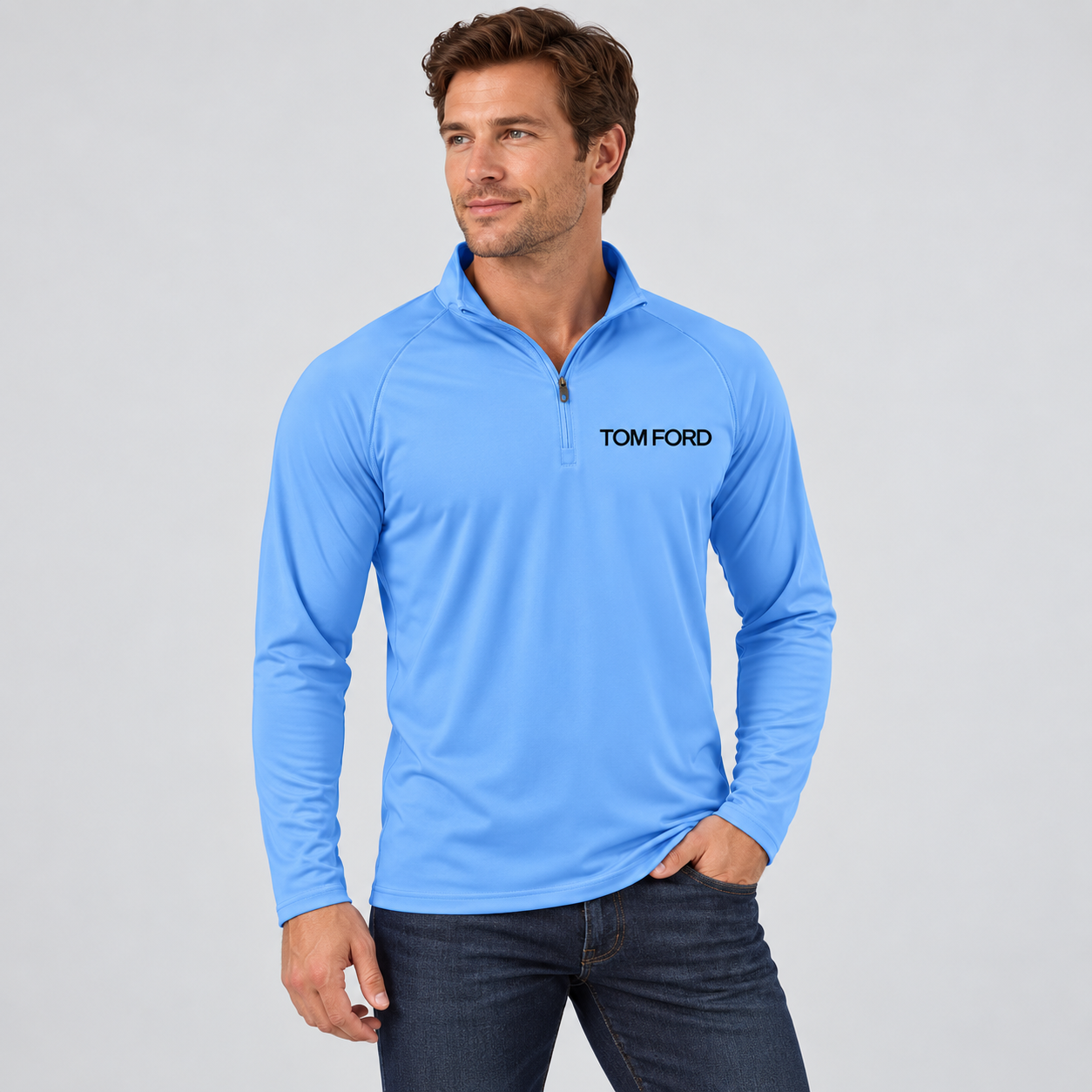 Men’s Tom Ford Lightweight Quarter-Zip Athletic Shirt – Long Sleeve Polyester Wear | Color: Light Blue | View 3